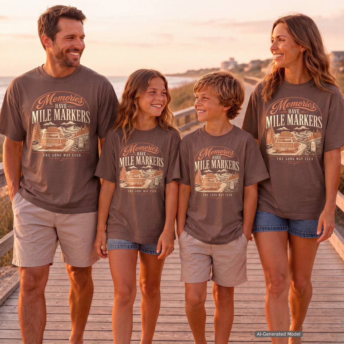 Memories Have Mile Markers Road Trip Shirt in Espresso – worn on a family trip (AI-generated model photo)