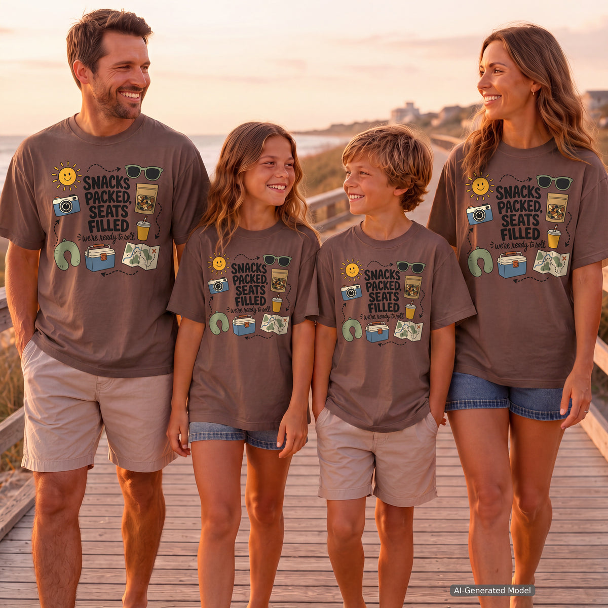 Snacks Packed Seats Filled Road Trip Shirt in Espresso – worn on a family trip (AI-generated model photo)