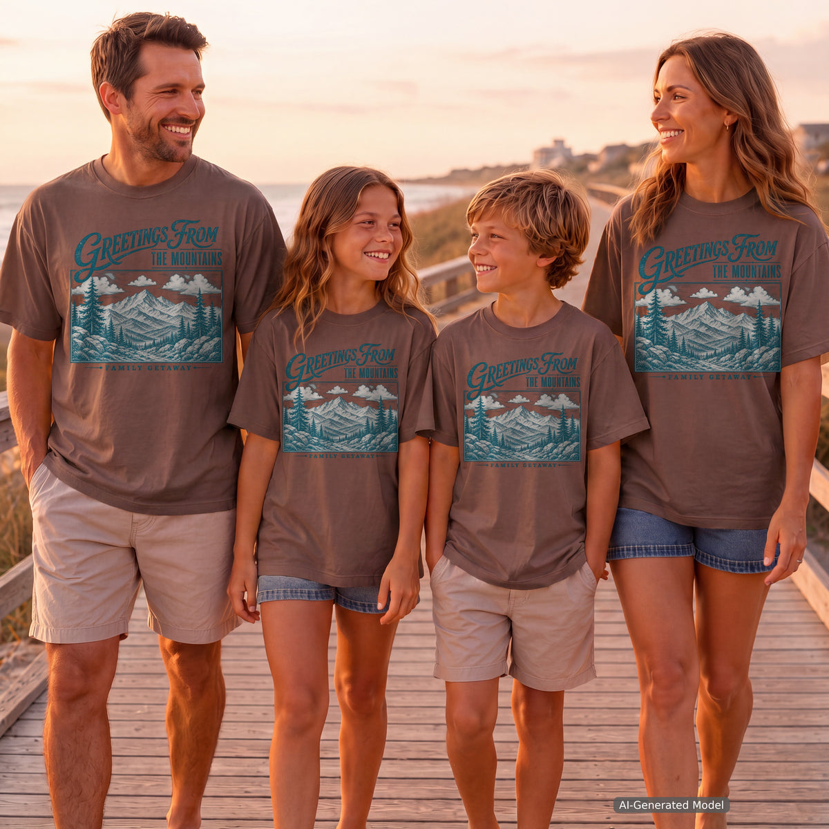 Greetings from the Mountains Family Getaway Shirt in Espresso – worn on a family trip (AI-generated model photo)