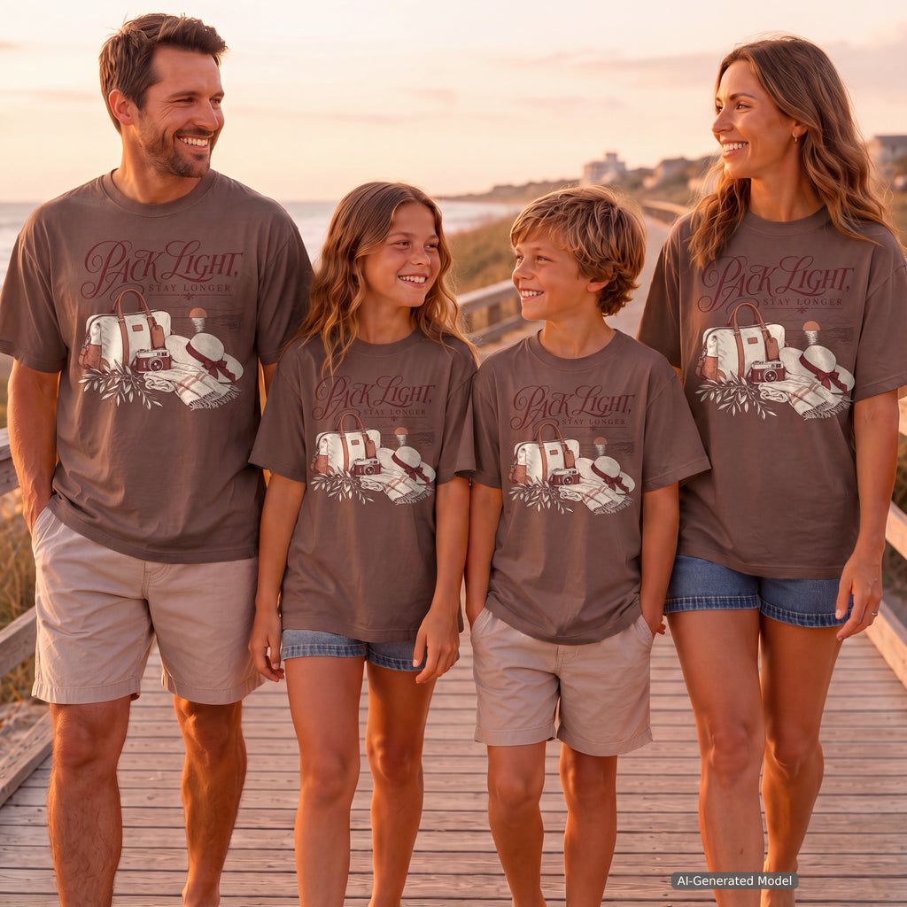 Pack Light Stay Longer Girls Trip Shirt in Espresso – worn on a family trip (AI-generated model photo)