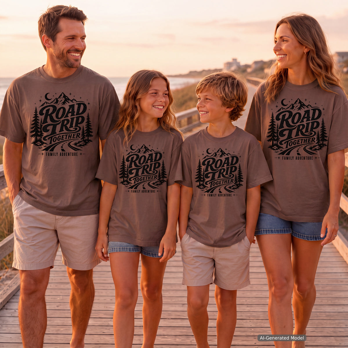 Road Trip Together Family Adventure Shirt in Espresso – worn on a family trip (AI-generated model photo)
