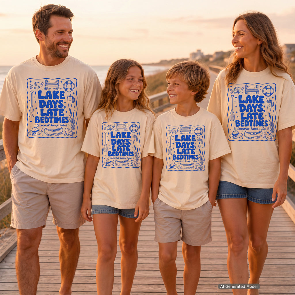 Lake Days Late Bedtimes Lake Vacation Shirt in Ivory – worn on a family trip (AI-generated model photo)