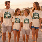Meet Me Where the Pines Begin Mountain Camping Shirt in Ivory – worn on a family trip (AI-generated model photo)