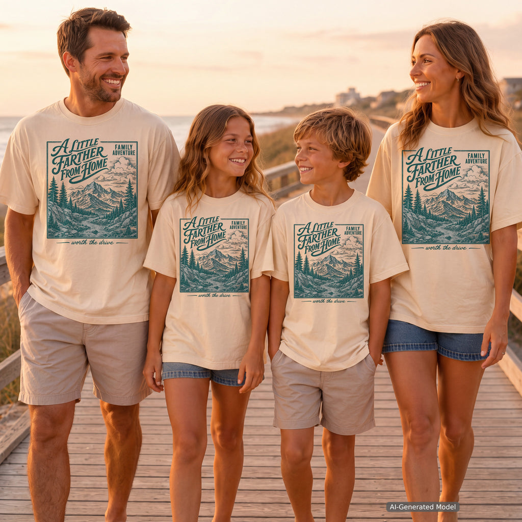 A Little Farther from Home Family Adventure Shirt in Ivory – worn on a family trip (AI-generated model photo)