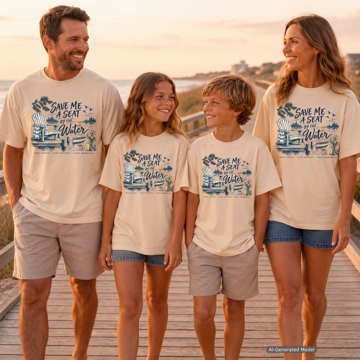 Save Me a Seat by the Water Lake Vacation Shirt in Ivory – worn on a family trip (AI-generated model photo)