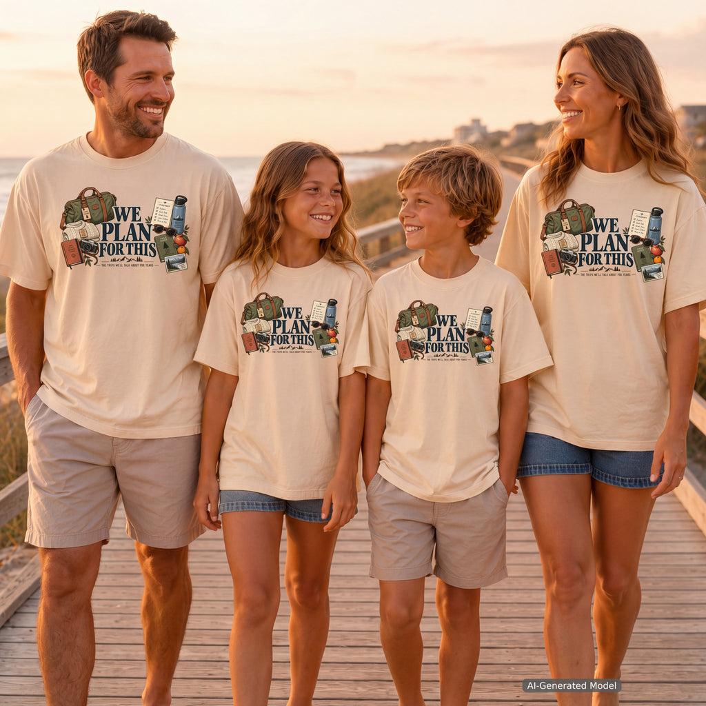 We Plan for This Family Getaway Shirt in Ivory – worn on a family trip (AI-generated model photo)