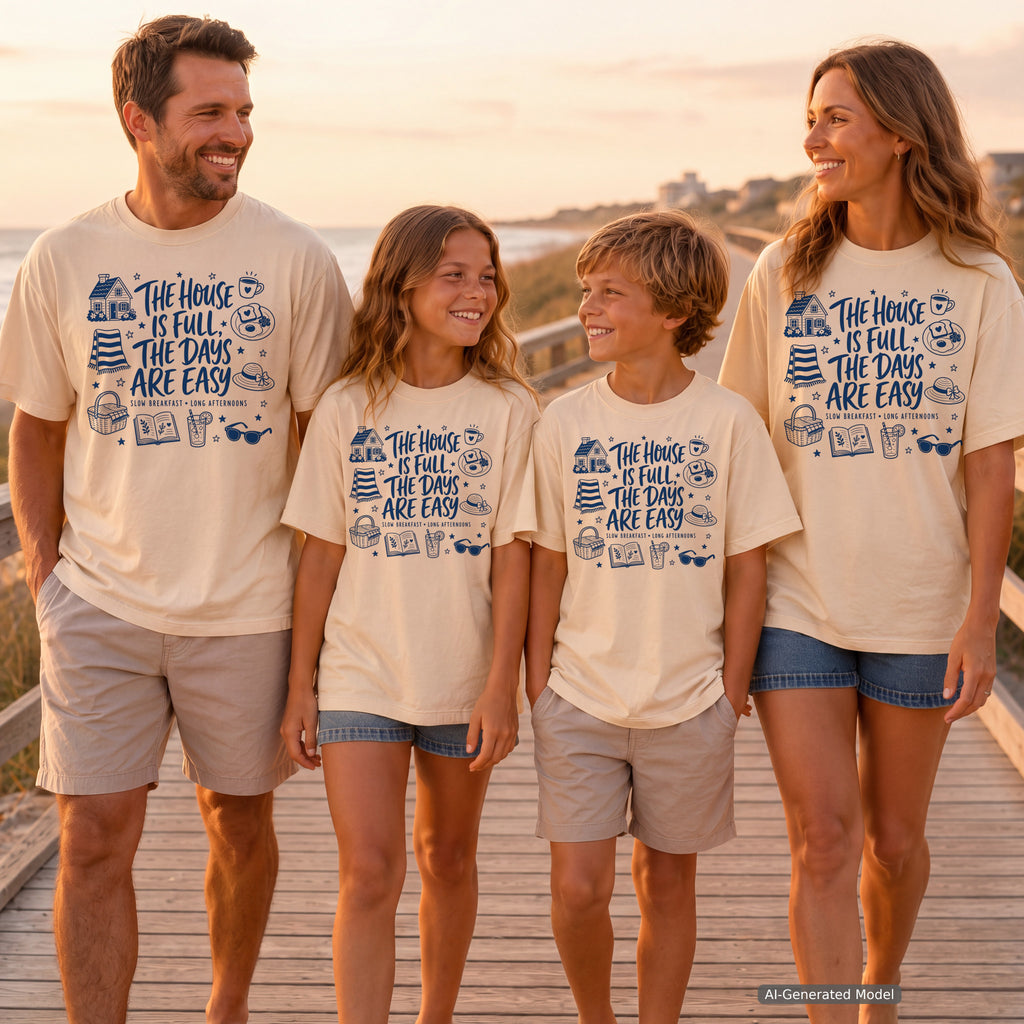 The House Is Full the Days Are Easy Family Getaway Shirt in Ivory – worn on a family trip (AI-generated model photo)