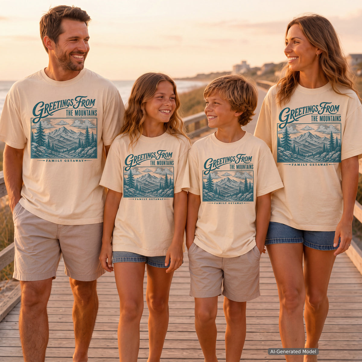 Greetings from the Mountains Family Getaway Shirt in Ivory – worn on a family trip (AI-generated model photo)