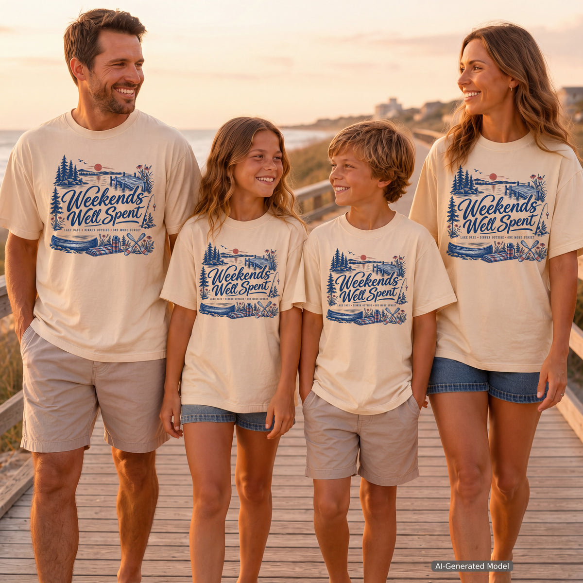 Weekends Well Spent Lake Vacation Shirt in Ivory – worn on a family trip (AI-generated model photo)