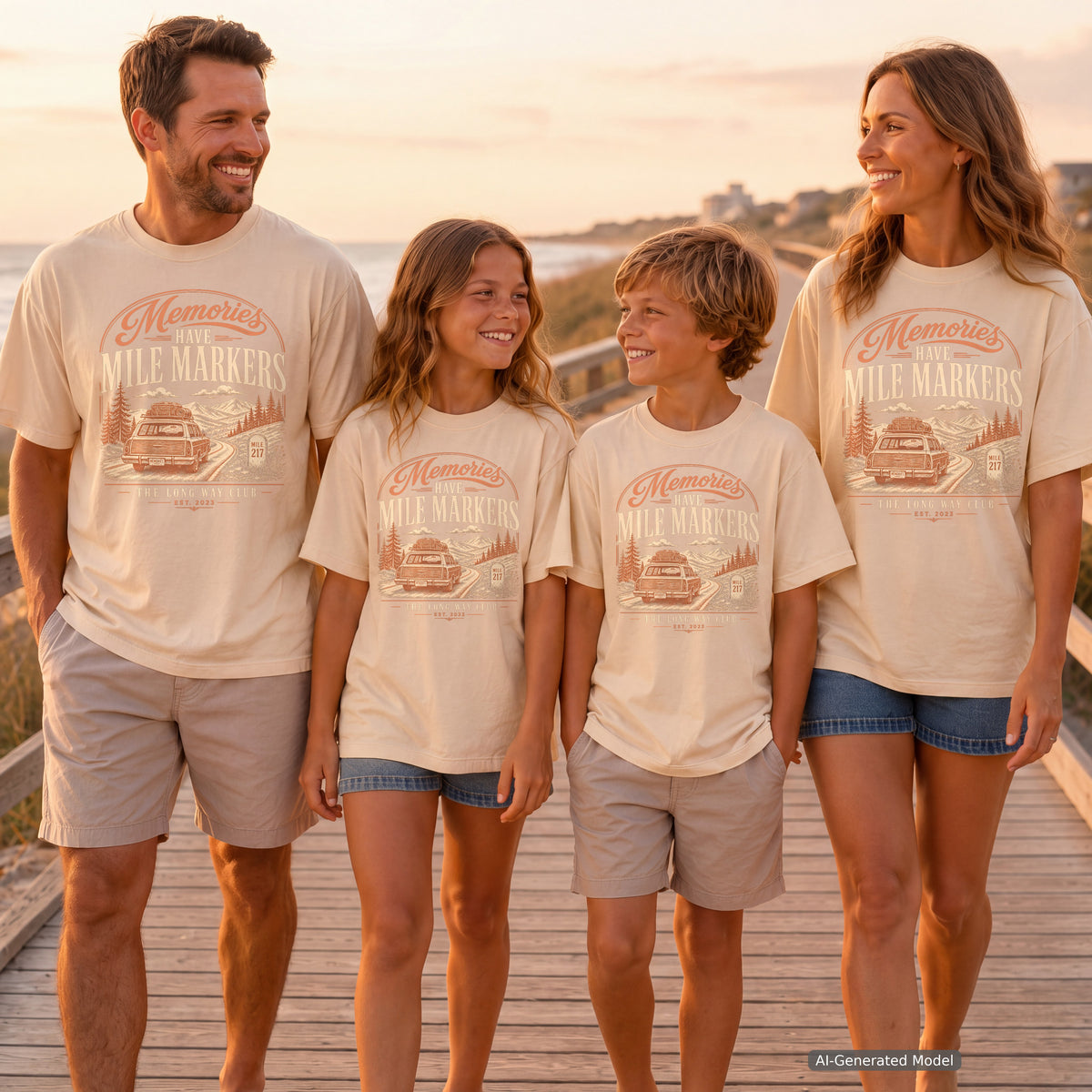 Memories Have Mile Markers Road Trip Shirt in Ivory – worn on a family trip (AI-generated model photo)