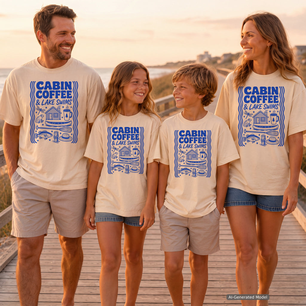 Cabin Coffee and Lake Swims Lake Vacation Shirt in Ivory – worn on a family trip (AI-generated model photo)