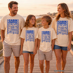 Cabin Coffee and Lake Swims Lake Vacation Shirt in Ivory – worn on a family trip (AI-generated model photo)