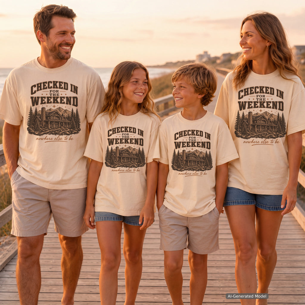 Checked In for the Weekend Cabin Weekend Shirt in Ivory – worn on a family trip (AI-generated model photo)