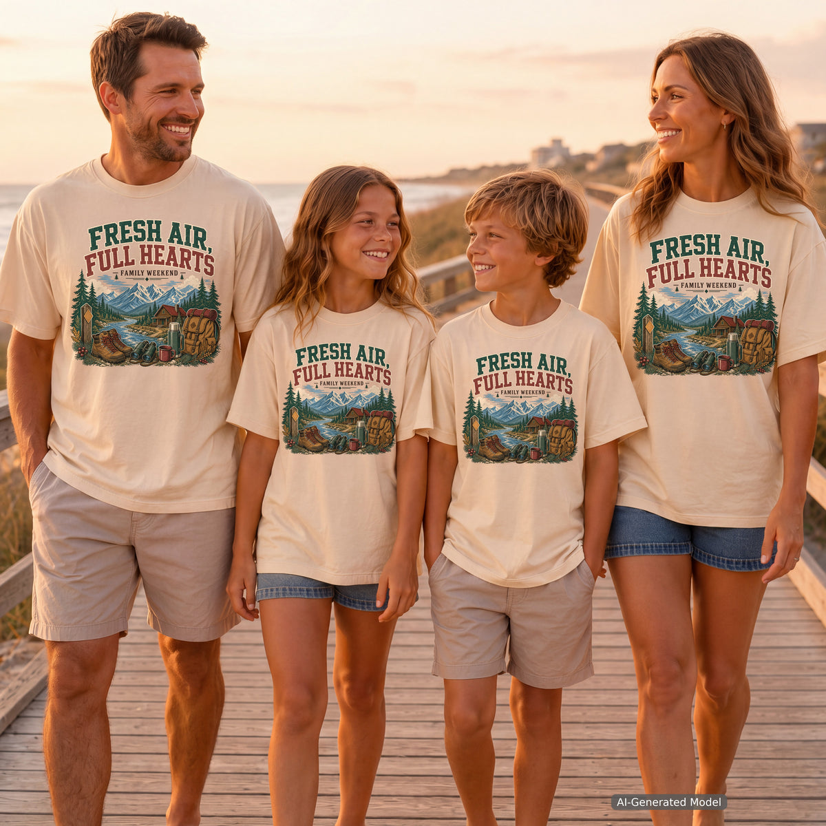 Fresh Air Full Hearts Cabin Weekend Shirt in Ivory – worn on a family trip (AI-generated model photo)