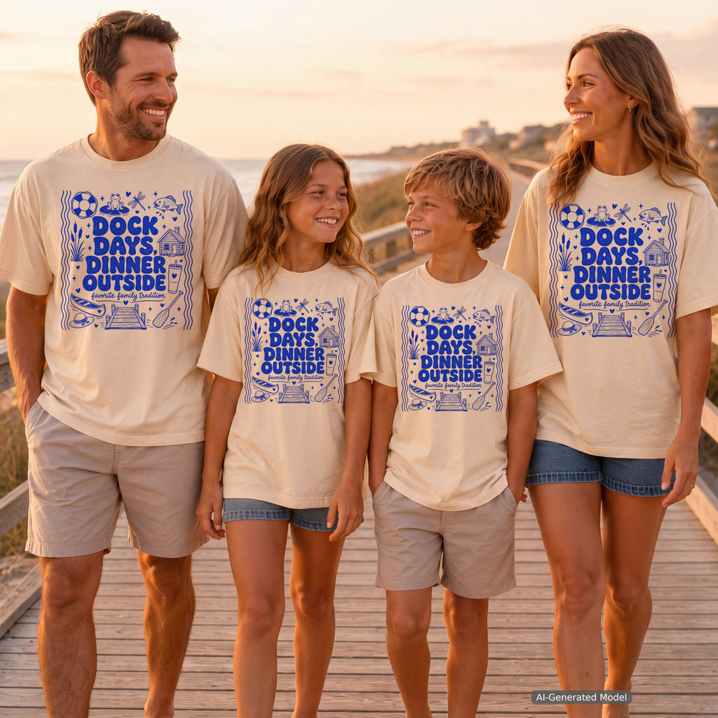 Dock Days Dinner Outside Lake Vacation Shirt in Ivory – worn on a family trip (AI-generated model photo)