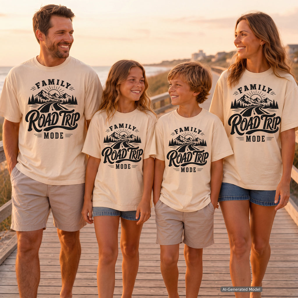 Family Road Trip Mode Shirt in Ivory – worn on a family trip (AI-generated model photo)
