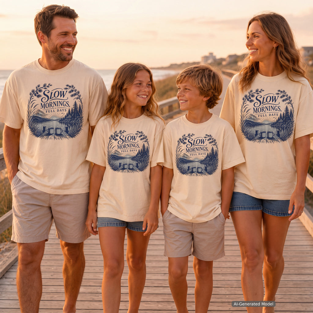 Slow Mornings Full Days Lake Vacation Shirt in Ivory – worn on a family trip (AI-generated model photo)