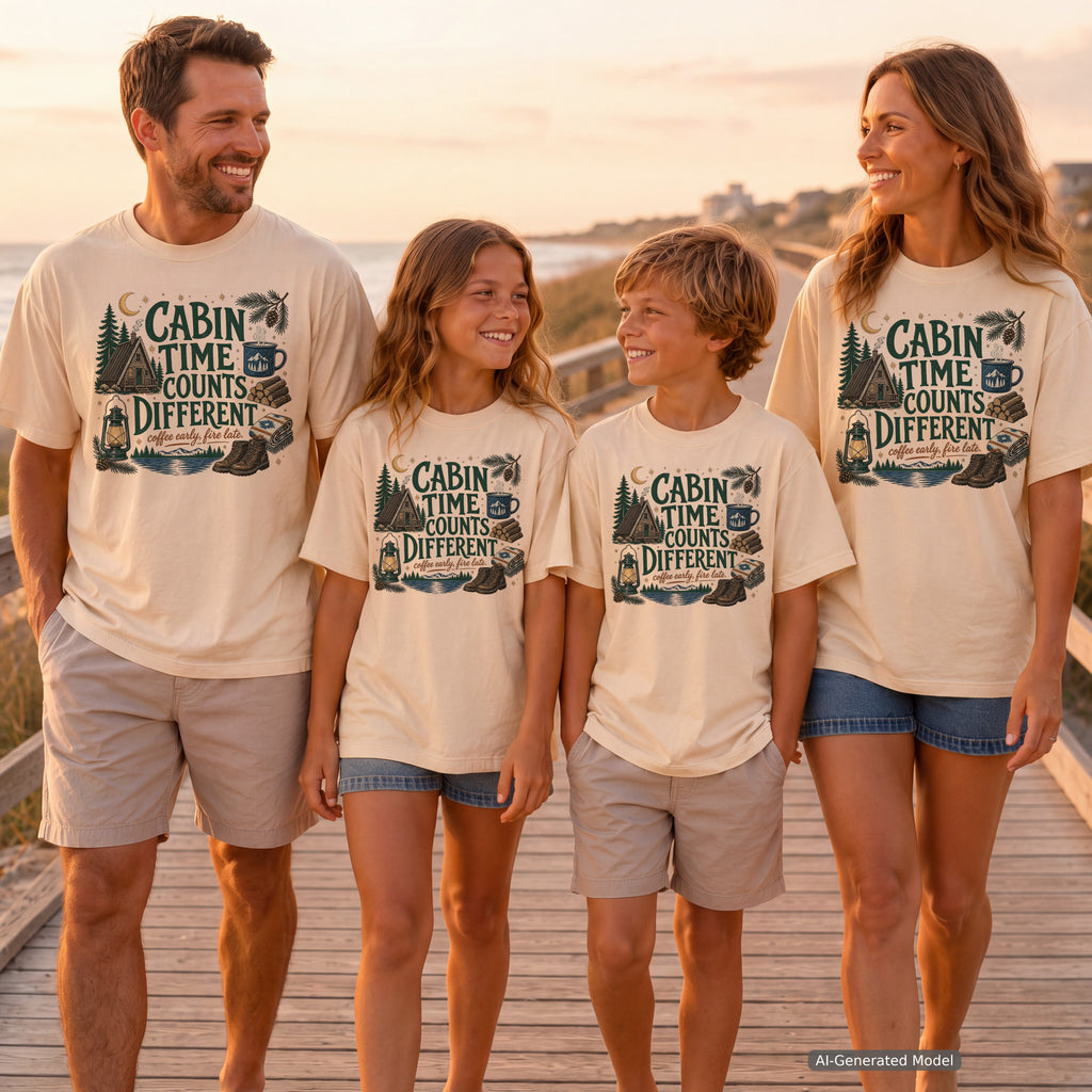 Cabin Time Counts Different Cabin Weekend Shirt in Ivory – worn on a family trip (AI-generated model photo)