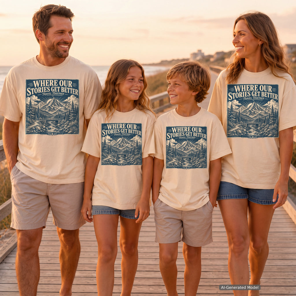 Where Our Stories Get Better Mountain Adventure Shirt in Ivory – worn on a family trip (AI-generated model photo)