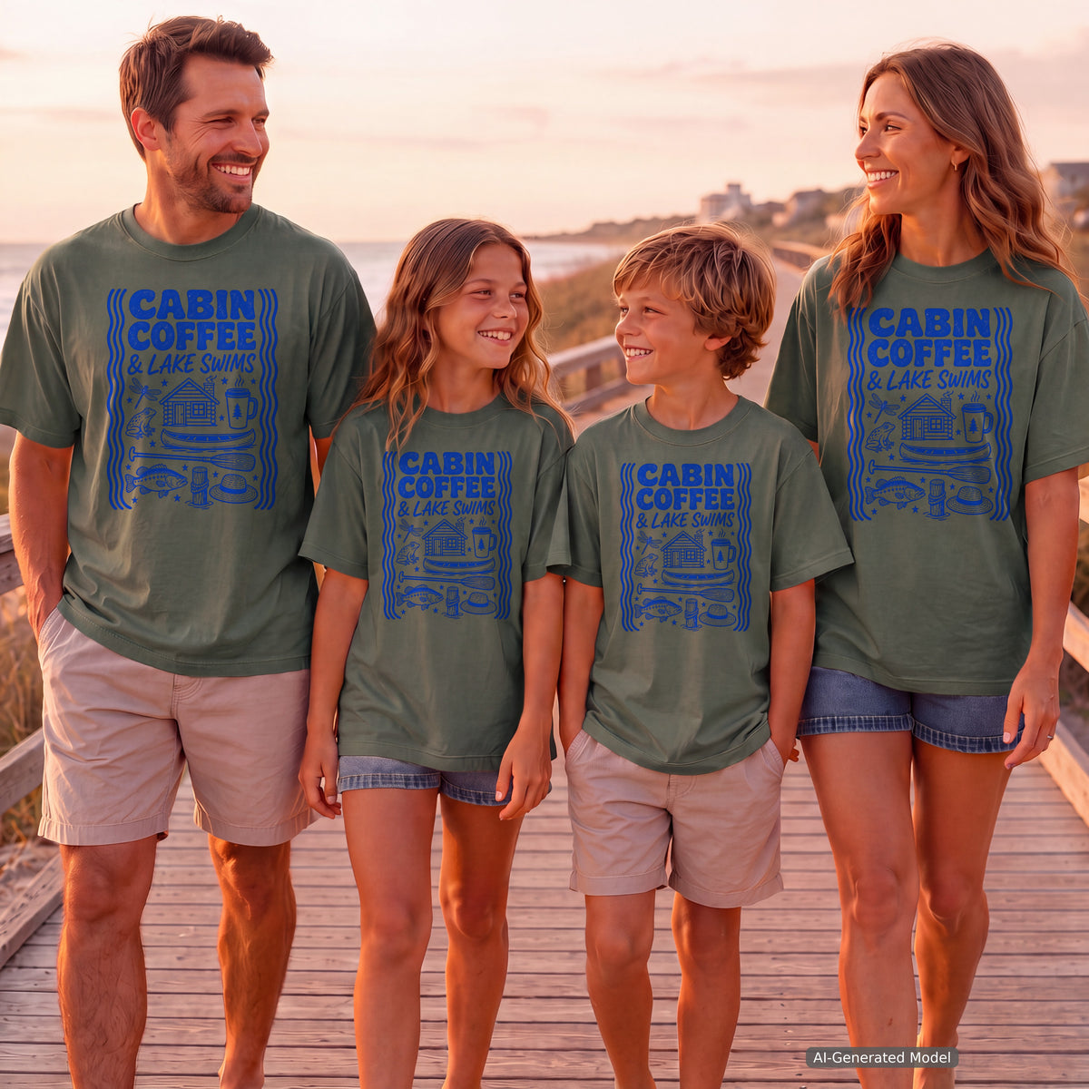 Cabin Coffee and Lake Swims Lake Vacation Shirt in Moss – worn on a family trip (AI-generated model photo)