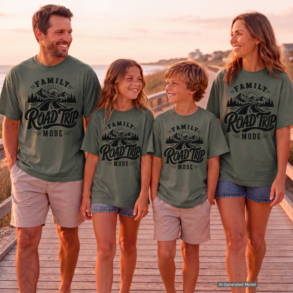 Family Road Trip Mode Shirt in Moss – worn on a family trip (AI-generated model photo)