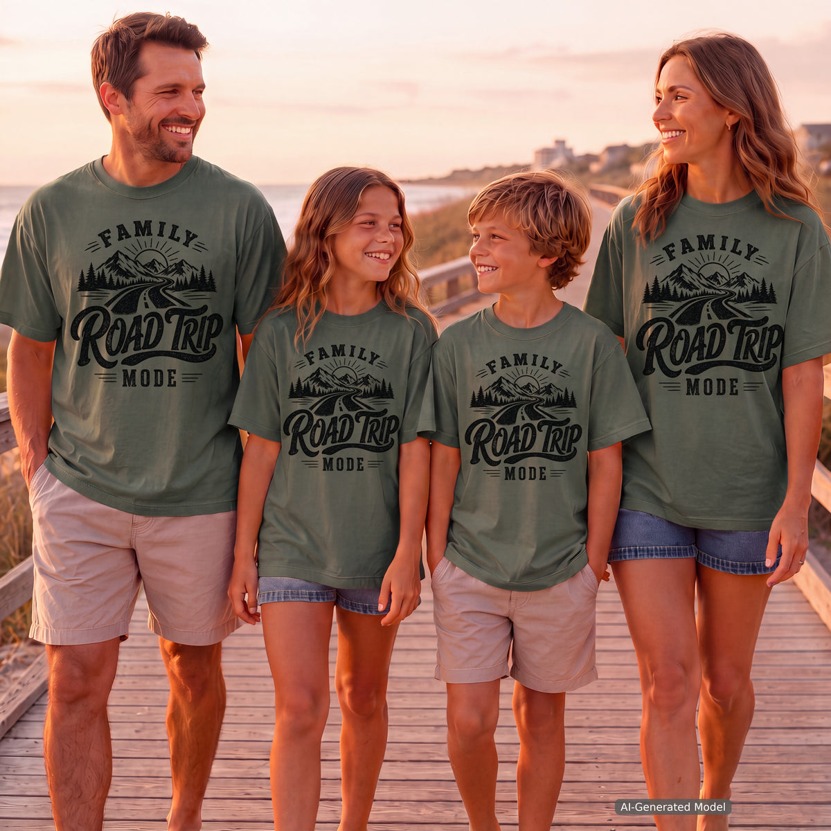 Family Road Trip Mode Shirt in Moss – worn on a family trip (AI-generated model photo)