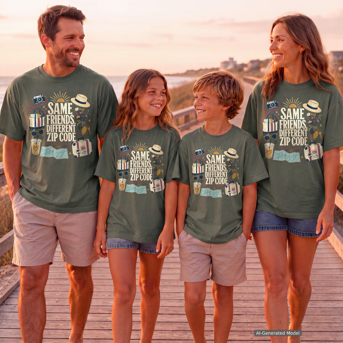 Same Friends Different Zip Code Girls Trip Shirt in Moss – worn on a family trip (AI-generated model photo)