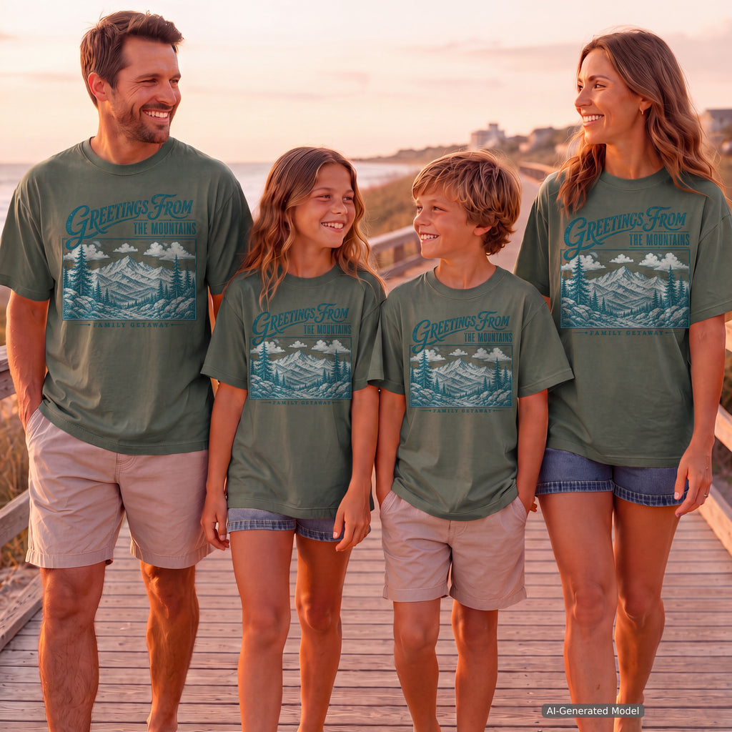 Greetings from the Mountains Family Getaway Shirt in Moss – worn on a family trip (AI-generated model photo)