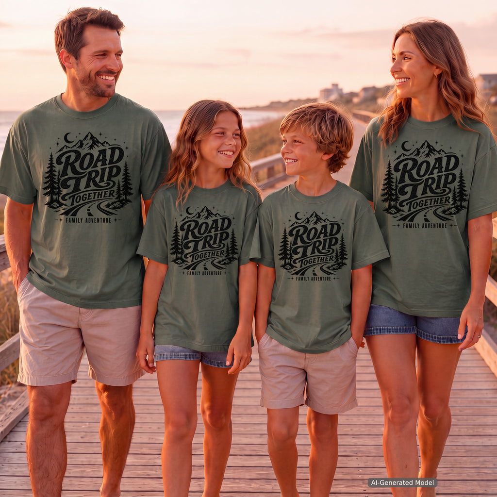 Road Trip Together Family Adventure Shirt in Moss – worn on a family trip (AI-generated model photo)