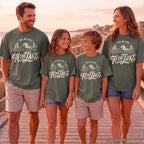 Take Me Back to the Lake Shirt in Moss – worn on a family trip (AI-generated model photo)