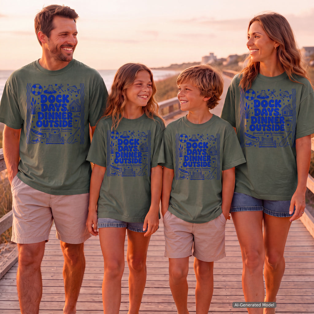 Dock Days Dinner Outside Lake Vacation Shirt in Moss – worn on a family trip (AI-generated model photo)