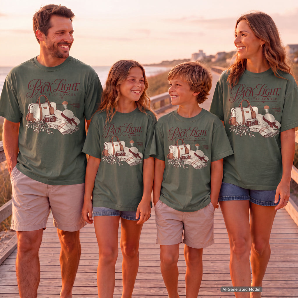 Pack Light Stay Longer Girls Trip Shirt in Moss – worn on a family trip (AI-generated model photo)