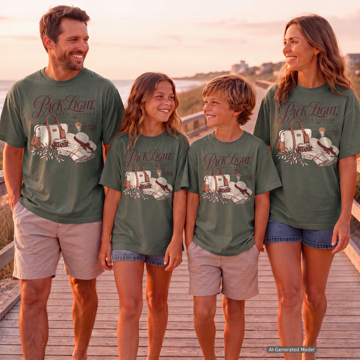 Pack Light Stay Longer Girls Trip Shirt in Moss – worn on a family trip (AI-generated model photo)