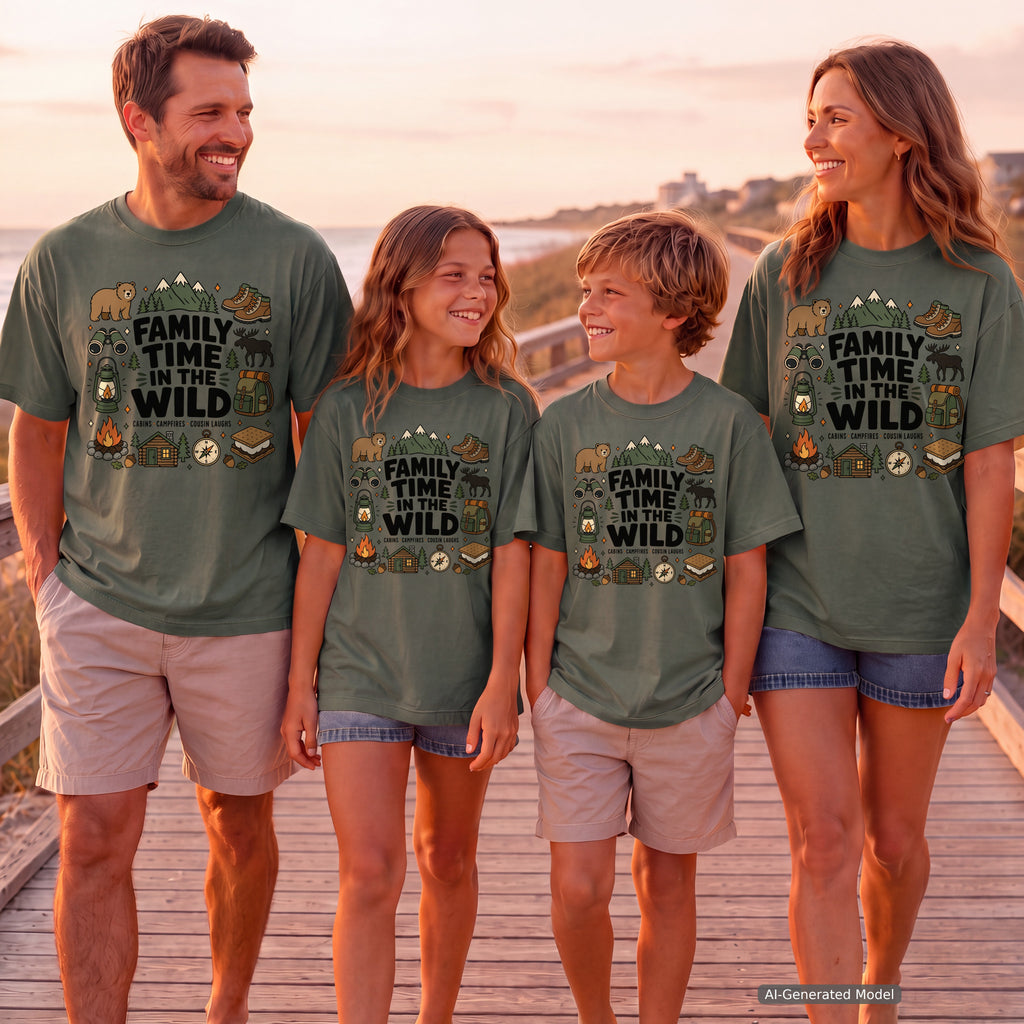 Family Time in the Wild Camping Shirt in Moss – worn on a family trip (AI-generated model photo)