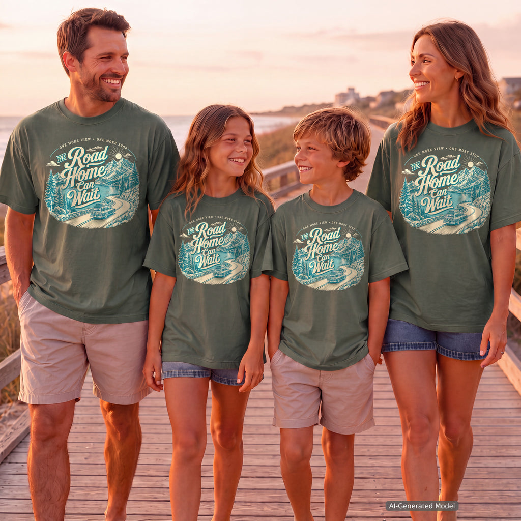 The Road Home Can Wait Road Trip Shirt in Moss – worn on a family trip (AI-generated model photo)