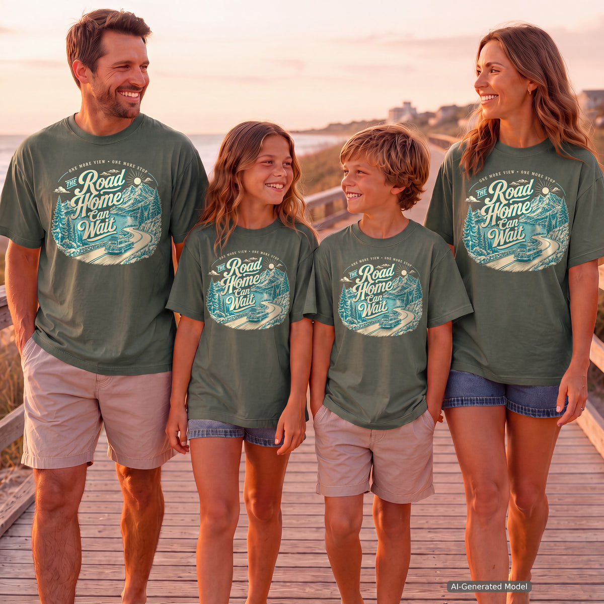 The Road Home Can Wait Road Trip Shirt in Moss – worn on a family trip (AI-generated model photo)