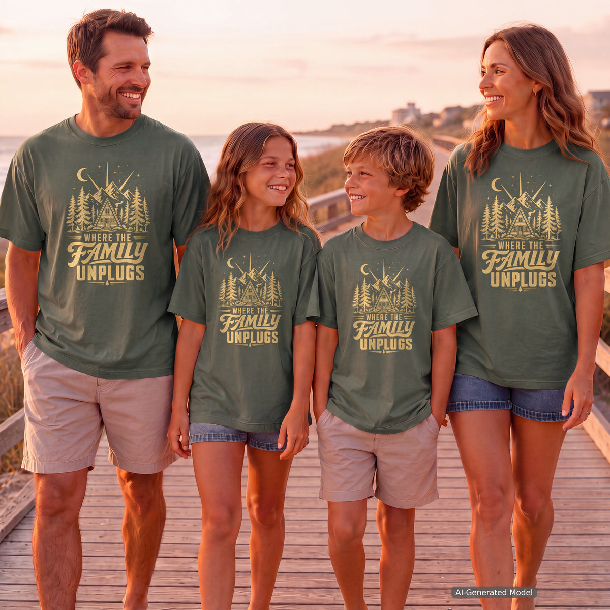 Where the Family Unplugs Cabin Shirt in Moss – worn on a family trip (AI-generated model photo)