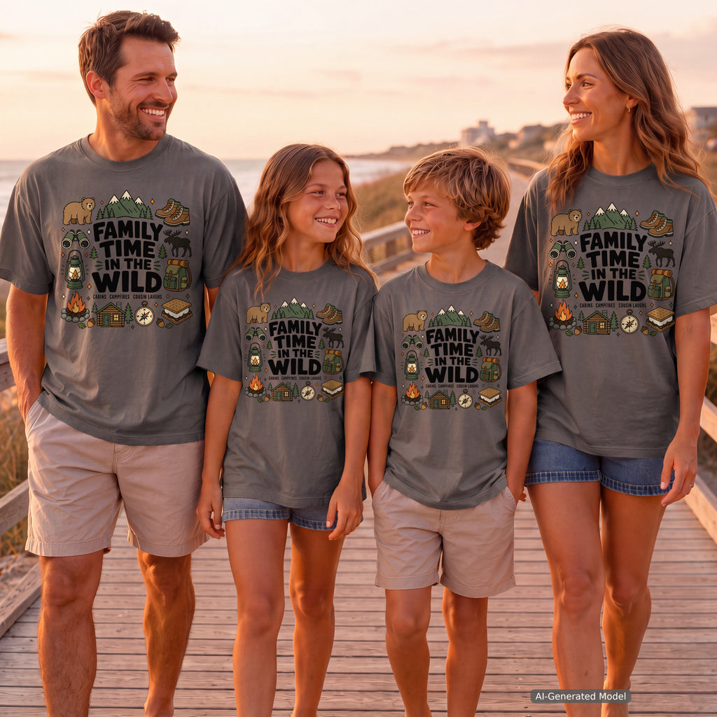 Family Time in the Wild Camping Shirt in Pepper – worn on a family trip (AI-generated model photo)