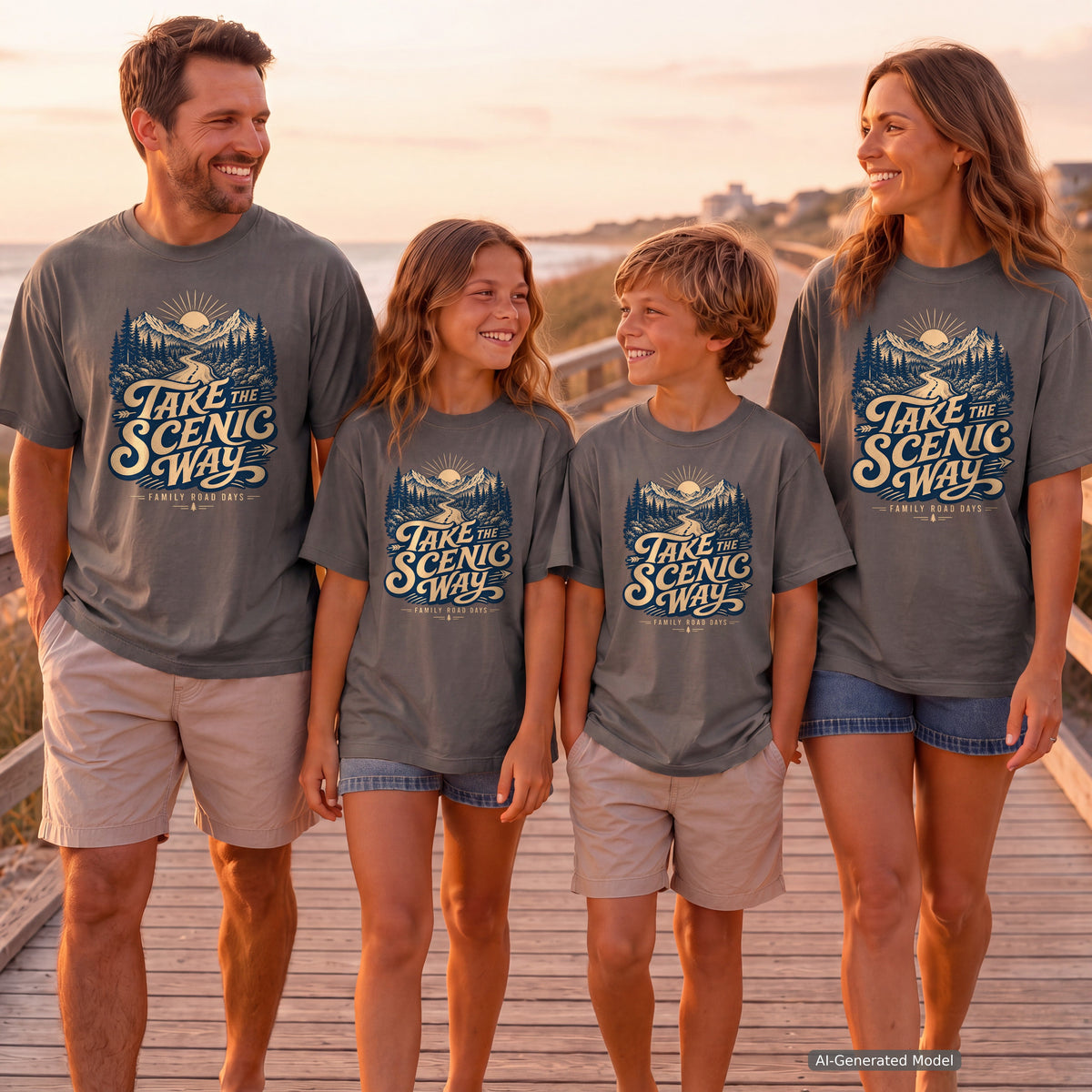 Take the Scenic Way Youth Tee – Kids' Comfort Colors Road Trip Shirt in Pepper – worn on a family trip (AI-generated model photo)