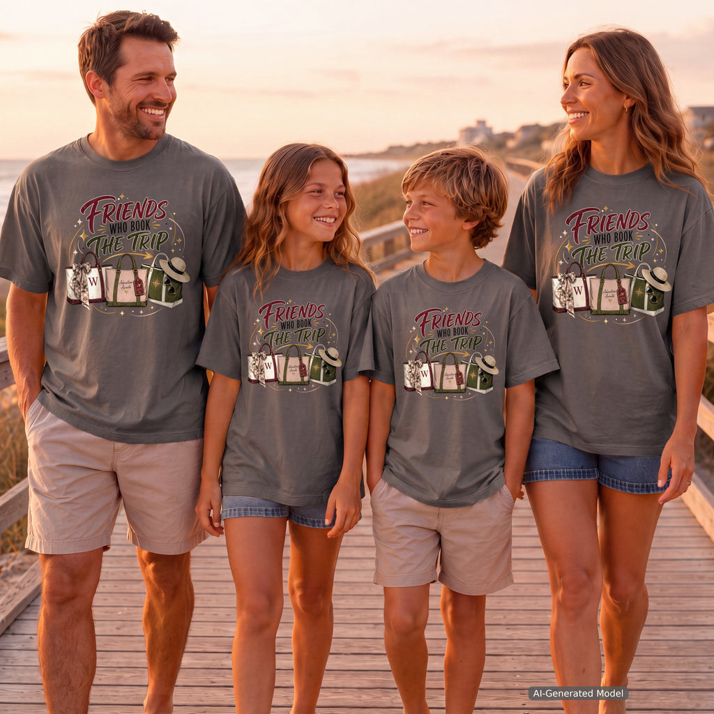 Friends Who Book the Trip Youth Tee – Kids' Comfort Colors Travel Shirt in Pepper – worn on a family trip (AI-generated model photo)