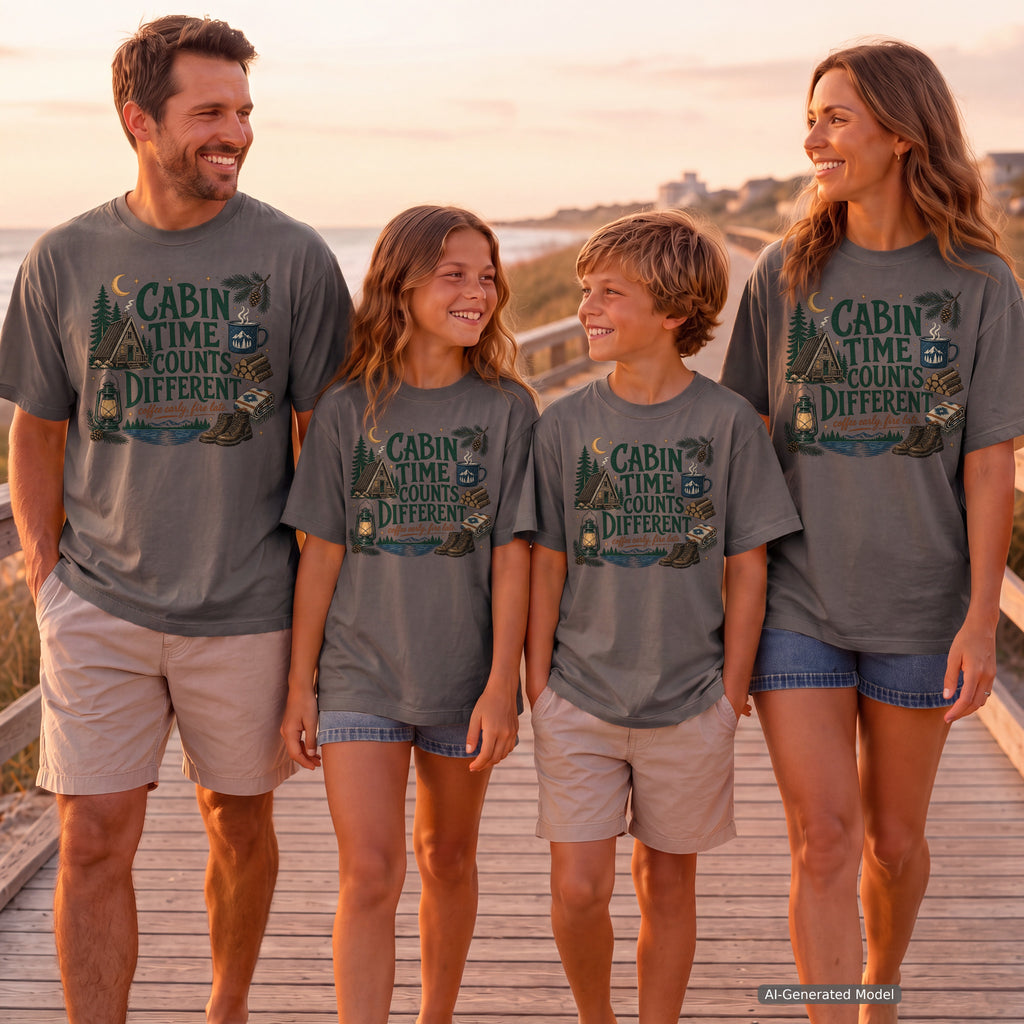 Cabin Time Counts Different Cabin Weekend Shirt in Pepper – worn on a family trip (AI-generated model photo)