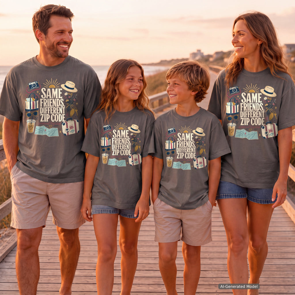 Same Friends Different Zip Code Girls Trip Shirt in Pepper – worn on a family trip (AI-generated model photo)