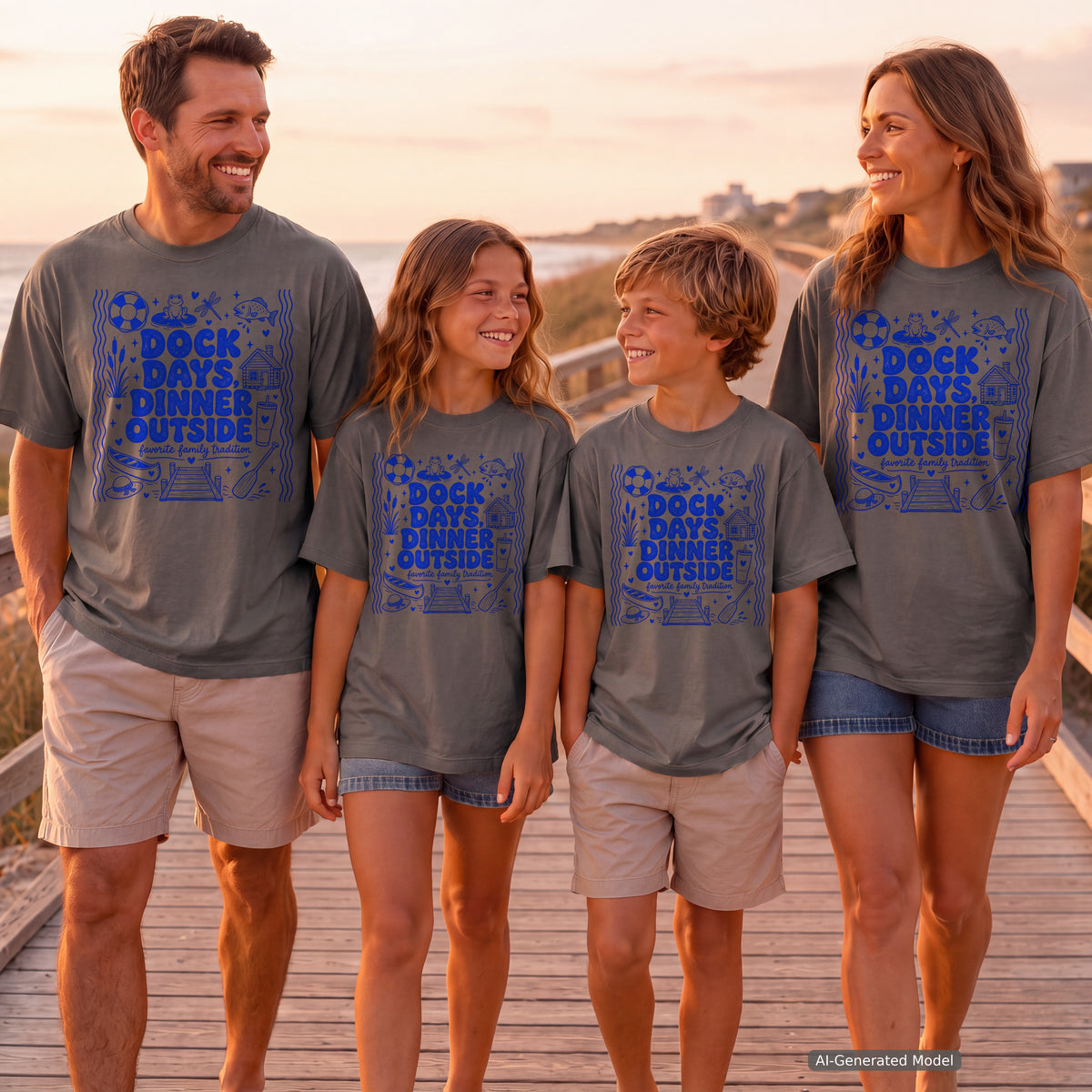 Dock Days Dinner Outside Lake Vacation Shirt in Pepper – worn on a family trip (AI-generated model photo)