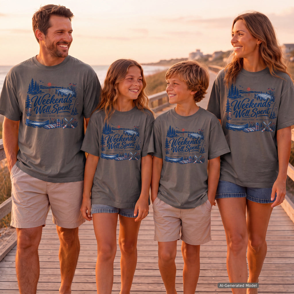 Weekends Well Spent Youth Tee – Kids' Comfort Colors Lake Vacation Shirt in Pepper – worn on a family trip (AI-generated model photo)