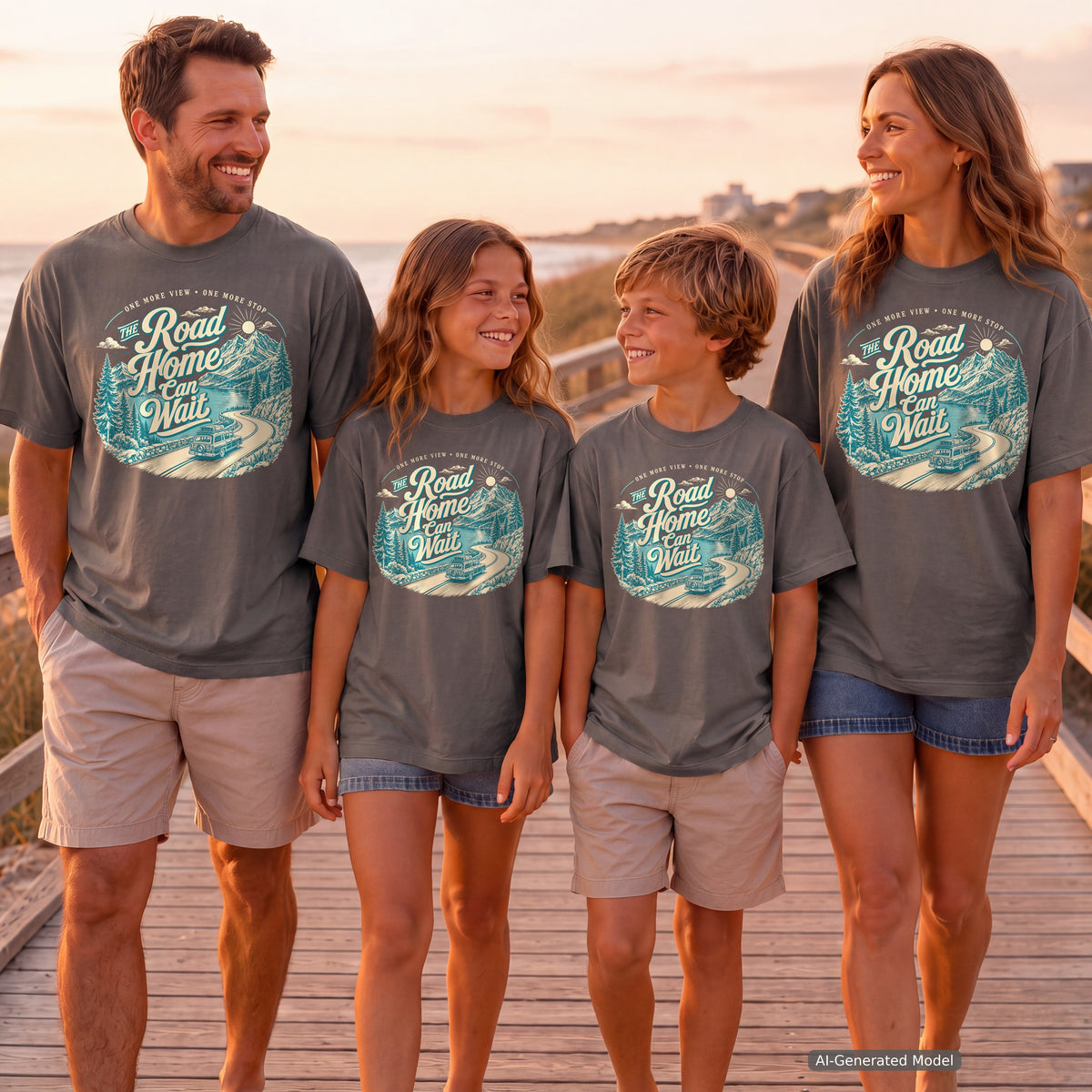 The Road Home Can Wait Youth Tee – Kids' Comfort Colors Road Trip Shirt in Pepper – worn on a family trip (AI-generated model photo)