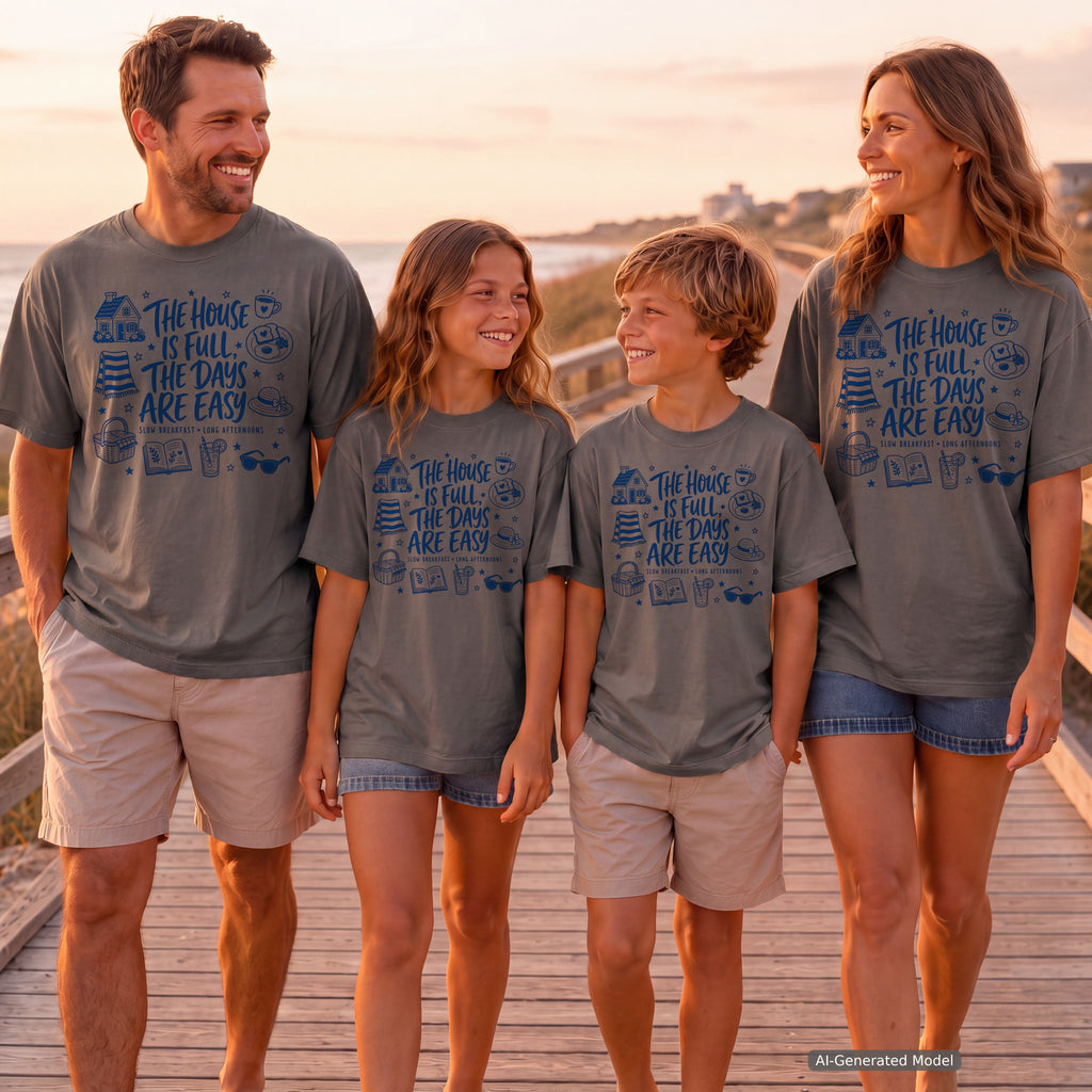 The House Is Full the Days Are Easy Family Getaway Shirt in Pepper – worn on a family trip (AI-generated model photo)