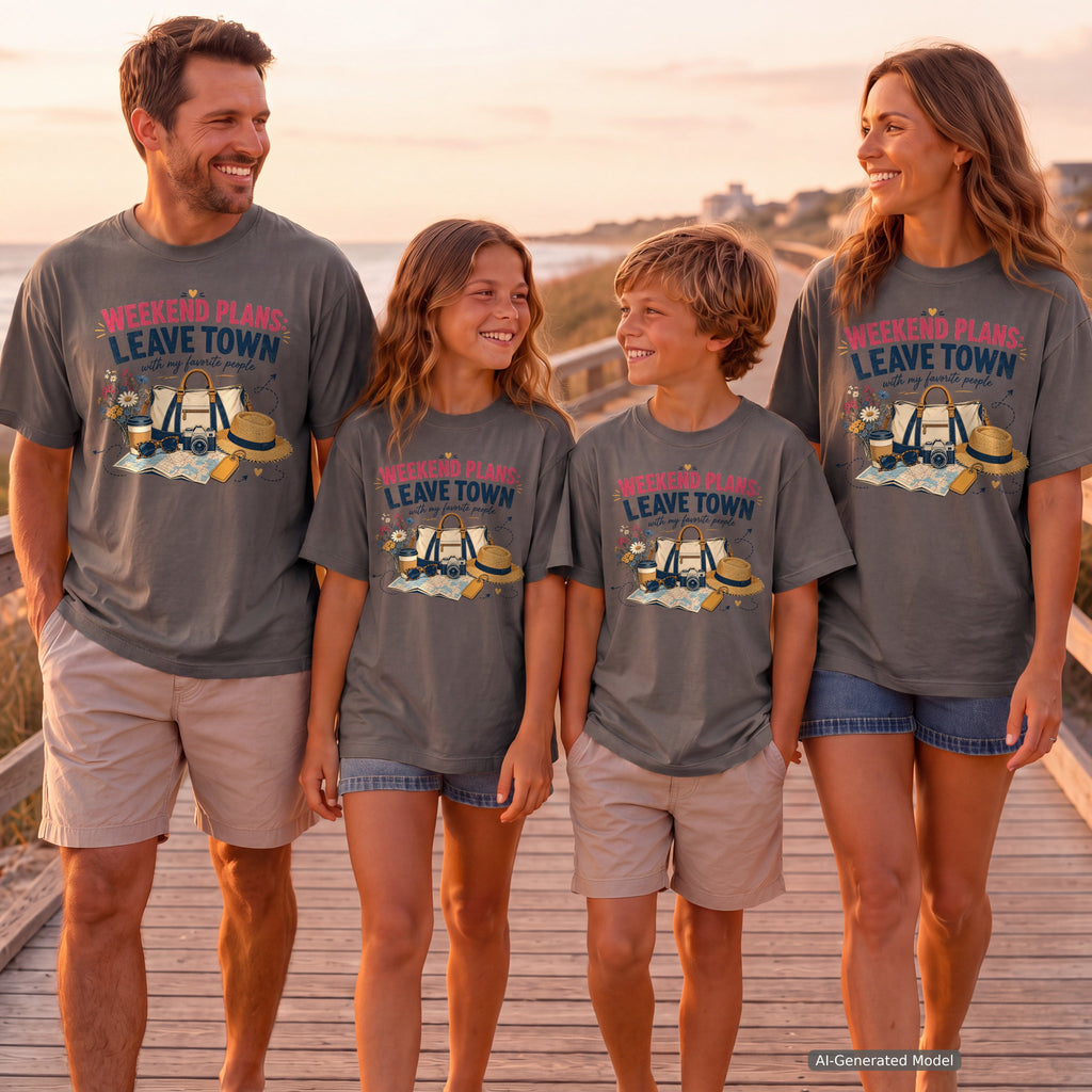 Weekend Plans Leave Town Youth Tee – Kids' Comfort Colors Family Travel Shirt in Pepper – worn on a family trip (AI-generated model photo)