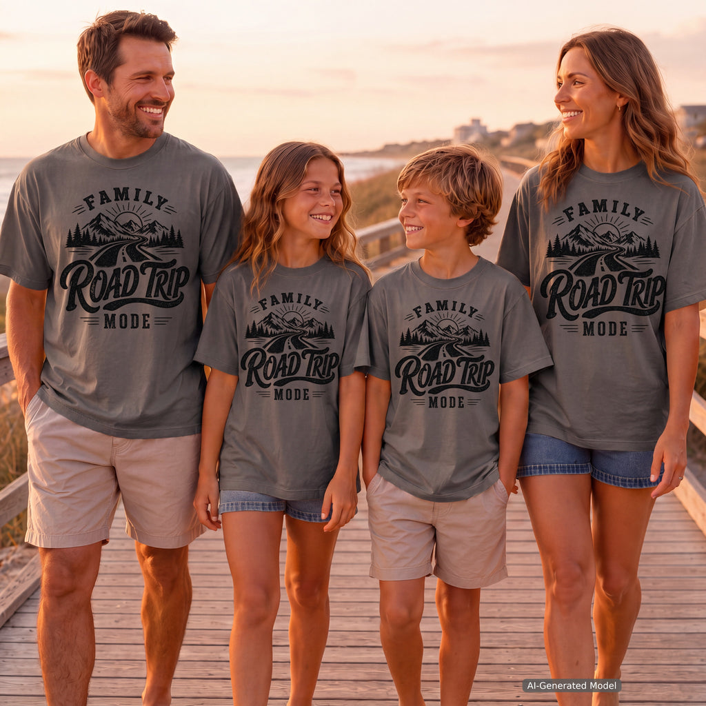 Family Road Trip Mode Shirt in Pepper – worn on a family trip (AI-generated model photo)