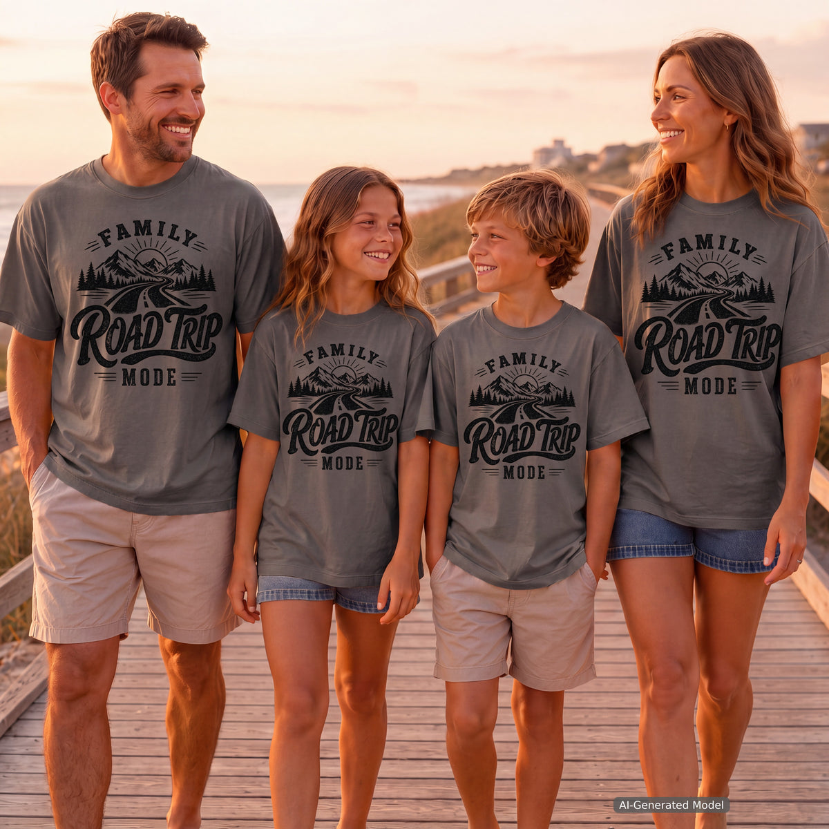 Family Road Trip Mode Shirt in Pepper – worn on a family trip (AI-generated model photo)