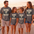 Weekends by the Water Youth Tee – Kids' Comfort Colors Lake Vacation Shirt in Pepper – worn on a family trip (AI-generated model photo)
